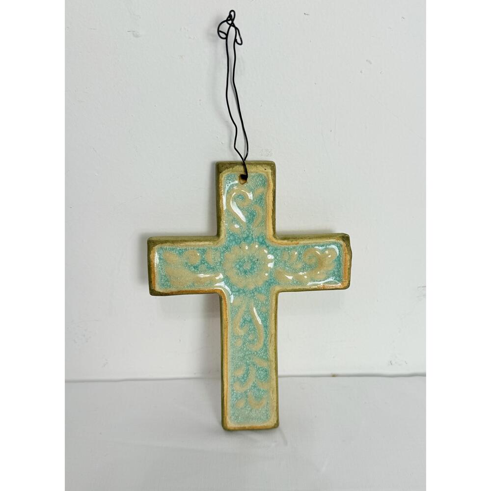 Vintage Turquoise Color Ceramic Hanging Patterned Cross Decor Large
